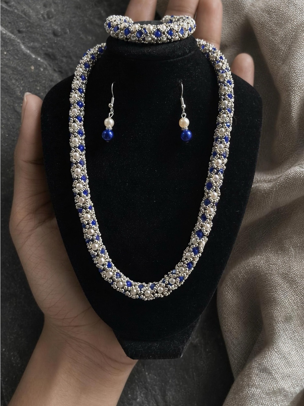 Handcrafted Blue and Silver Beaded Jewelry Set - Necklace, Bracelet & Earrings